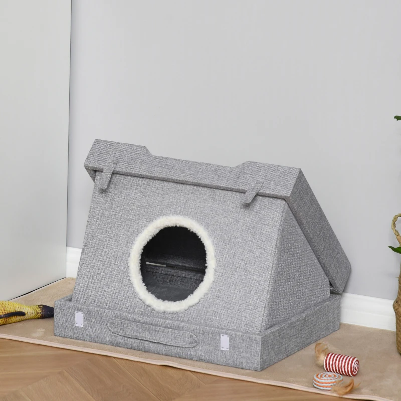 PawHut Cat House Foldable 2 In 1 Design Condo Pet Bed with Removable Washable Cushions Scratching Pad, Grey