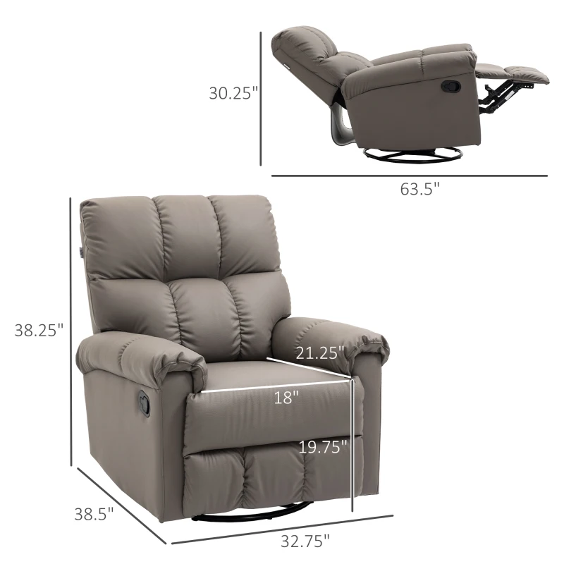 HOMCOM Rocker Recliner Chair with Overstuffed Back and Seat, Faux Leather Manual Reclining Chair with Footrest and 360 Swivel Rotation Base for Living Room, Brown