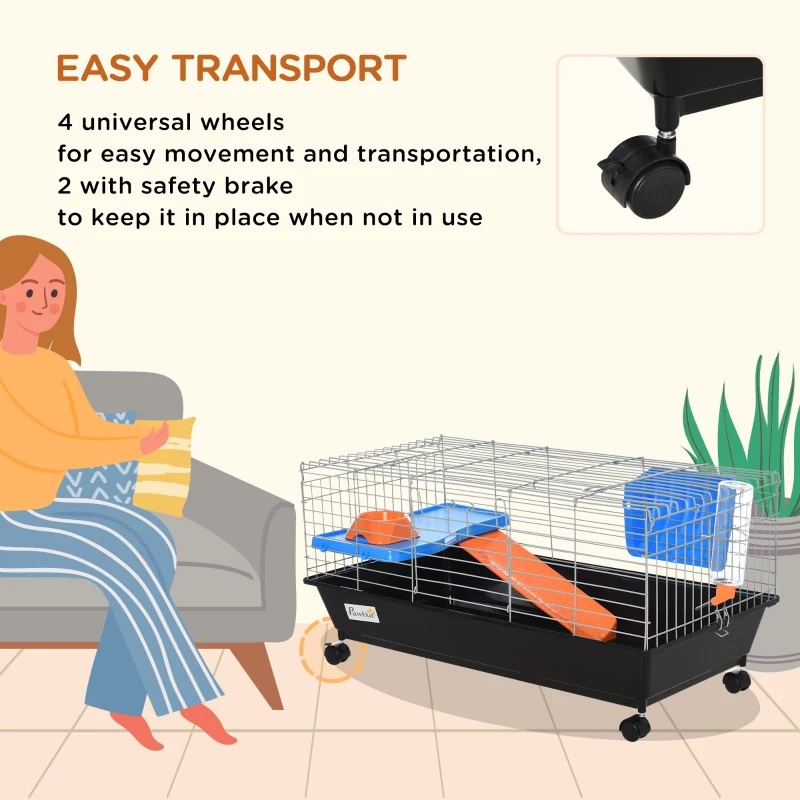 PawHut Small Animal Cage, Rolling Bunny Cage, Guinea Pig Cage with Food Dish, Water Bottle, Hay Feeder, Platform, Ramp, Black