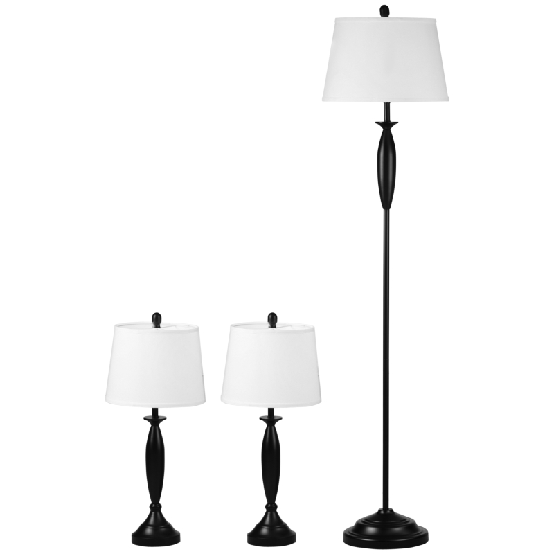 HOMCOM Boho Desk Lamp & Floor Lamps Set of 3, 3 Piece Lamp Set for Living Room, Bedroom, & More, Linen Lampshade, Steel Base, Black