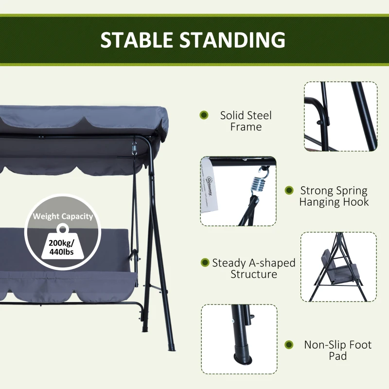 Outsunny 3-Seat Outdoor Patio Swing Chair with Removable Cushion, Steel Frame Stand and Adjustable Tilt Canopy for Patio, Garden, Poolside, Balcony, Backyard, Gray