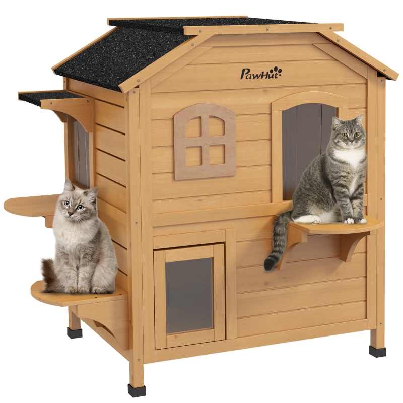 PawHut Solid Wood Cat House 2-Stories with Tons of Room Waterproof