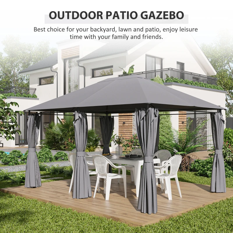 Outsunny 13'x 10' Soft-top Steel Patio Gazebo Canopy Party Tent with 6 Removable Curtains and Drainage Holes, Grey