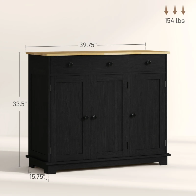 HOMCOM Kitchen Storage Cabinet, Sideboard Floor Cupboard with Solid Wood Top, Adjustable Shelf, and 3 Drawers, Black Wood Grain