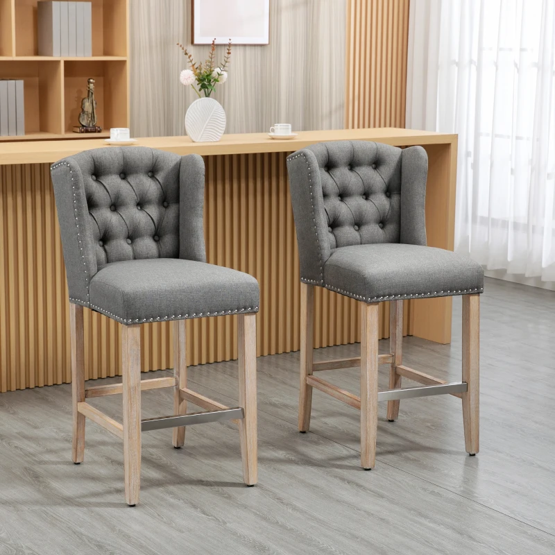 HOMCOM Counter Height Bar Stools Set of 2, 27" Seat Height Upholstered Barstools, Farmhouse Kitchen Island Stools with Nailhead-Trim, Tufted Back and Wooden Legs, Light Gray