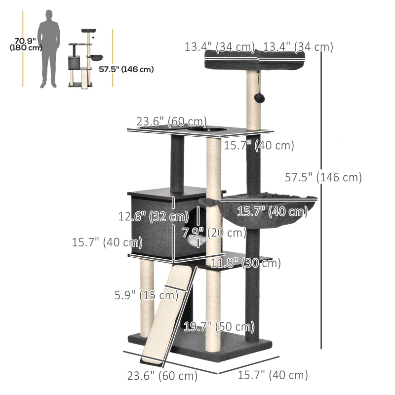 PawHut 58" Cat Tree Huge Kitty Activity Center Cat Climbing Toy Rest Pet Furniture with Sisal Scratching Post Pad Condo Bed Perch Ladder Hanging Ball Dark Grey