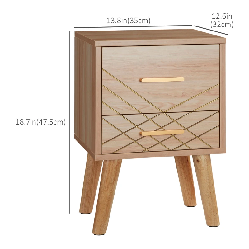 HOMCOM Scandinavian Bedside Table, Side End Table with 2 Drawers and Wood Legs, 13.8" x 12.6" x 20.3", Natural