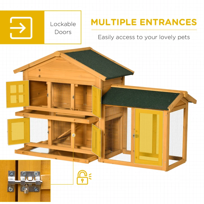 PawHut 59" Wooden Rabbit Hutch 2 Tier Bunny House Pet Playpen Enclosure for Indoor Outdoor with Slide-out Tray, Ramp, for Rabbits and Small Animals, Orange