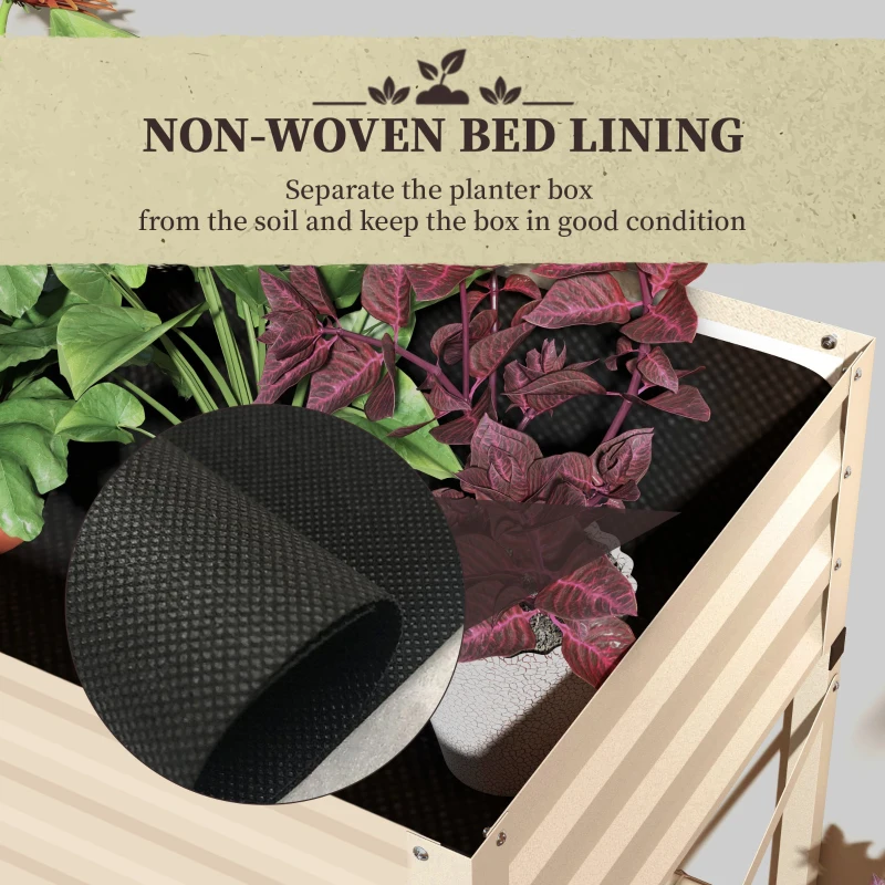 Outsunny Galvanized Raised Garden Bed, Metal Planter Box with Legs, Storage Shelf and Bed Liner, Cream