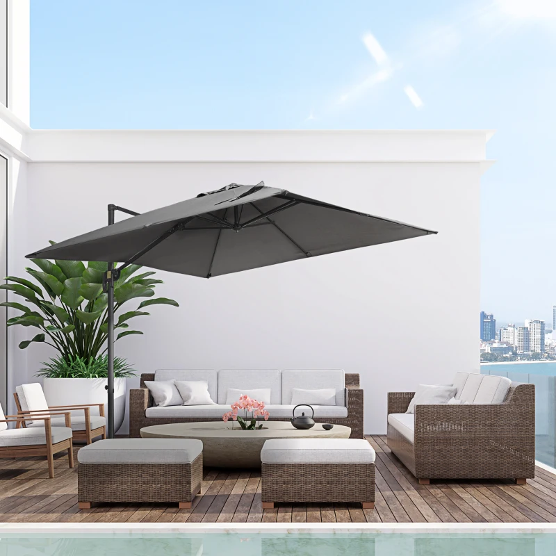 Outsunny 9ft Cantilever Patio Umbrella, Square Overhanging Umbrella with Cross Base, Crank Handle, Tilt, 360° Rotation and Aluminum Frame, Dark Grey