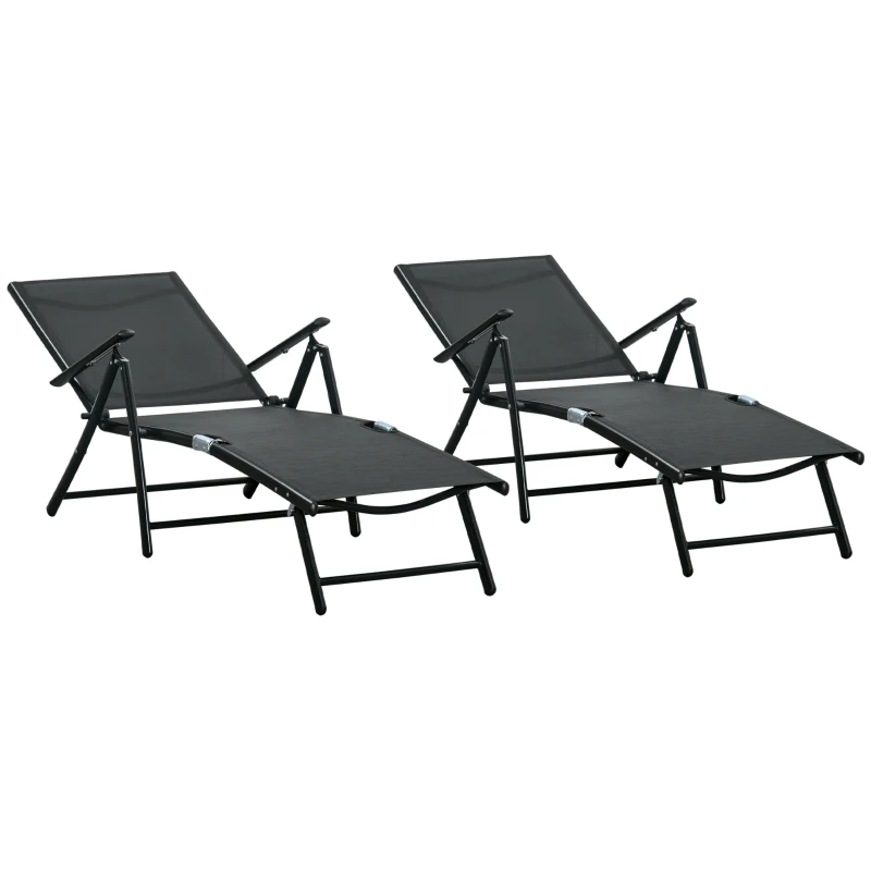 Outsunny Outdoor Set of 2 Lounge Chair, Folding Reclining Garden Sun Lounger with Metal Frame, Adjustable Backrest for Patio, Deck, and Poolside, Black