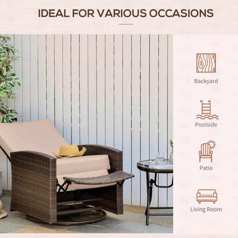 Outsunny Outdoor Wicker Swivel Recliner Chair, Reclining Backrest, Lifting Footrest, 360° Rotating Basic, Water Resistant Cushions for Patio, Khaki