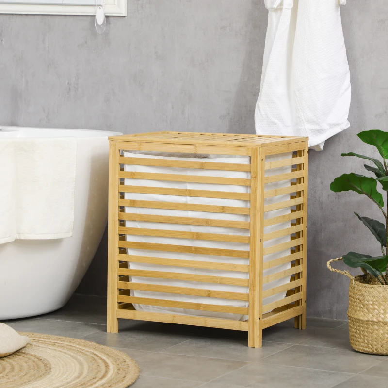 HOMCOM 55 L Bamboo Laundry Basket with Lid, Cloth Hamper with Removable Liner Bag, 19.75 x 14.25 x 23.5 Inches, Natural