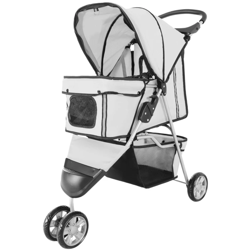 PawHut 3 Wheels Foldable Dog Stroller with Storage Basket, Adjustable Canopy, Cupholder for Miniature and Small Dogs, Grey