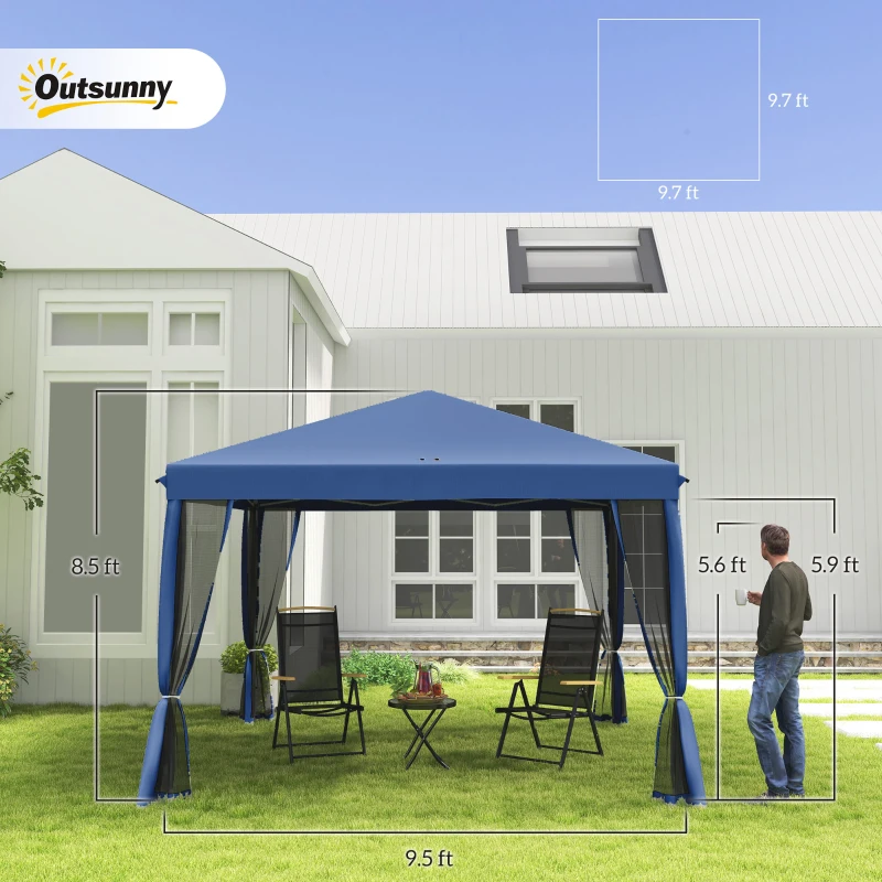 Outsunny 10' x 10' Pop Up Canopy Tent with Netting, Instant Gazebo, Screen House Room with Carry Bag, Height Adjustable, for Outdoor, Garden, Patio, Camping, Blue