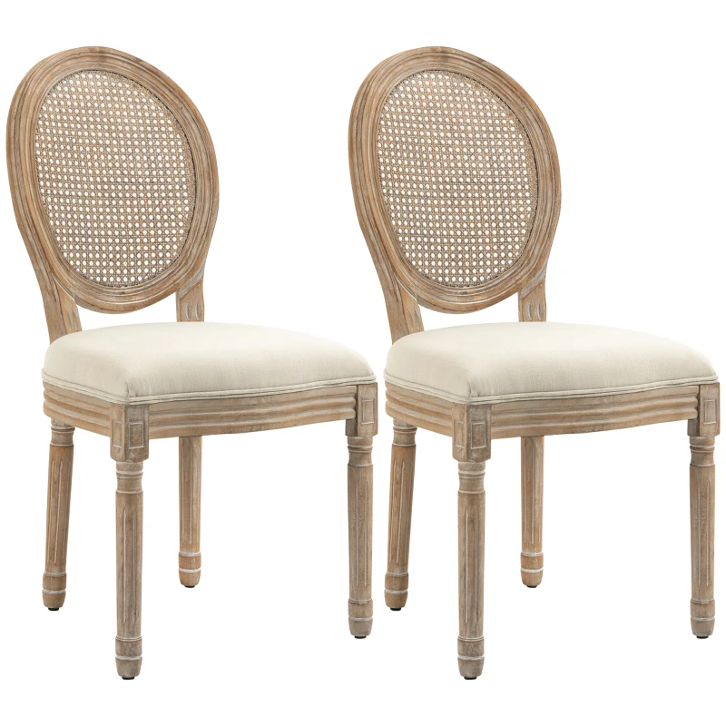 HOMCOM French-Style Upholstered Dining Chair Set, Armless Accent Side Chairs with Rattan Backrest and Linen-Touch Upholstery, Set of 2, Cream White