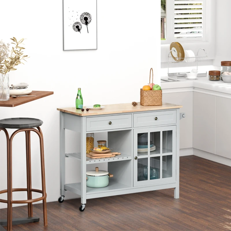 HOMCOM Rolling Kitchen Island with Storage, Kitchen Cart with Solid Wood Top, Glass Door Cabinet, Adjustable Shelf, Towel Rack, 2 Drawers for Dining Room, Gray