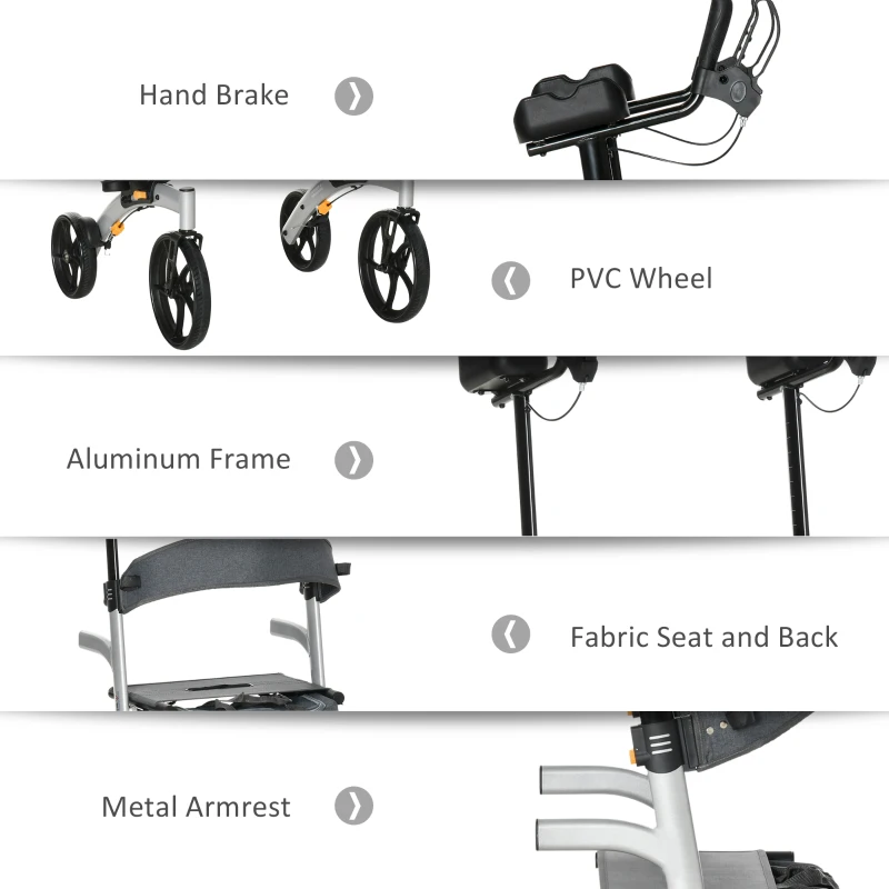HOMCOM Aluminum Rollator Walker for Seniors and Adults with 10'' Wheels, Adjustable Handle and Removable Storage Bag, Silver