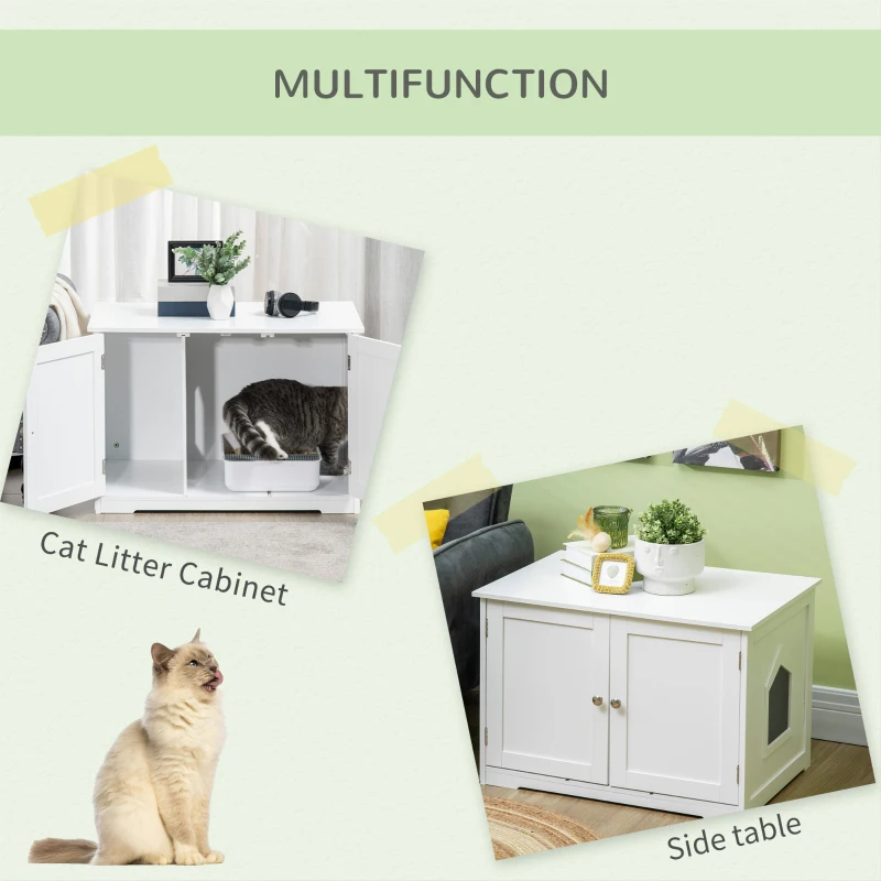 PawHut Modern Cat Litter Box Enclosure with Adjustable Partition for Customizable Space, Cat Washroom End Table for Indoor Cats with Hidden Storage Cabinet Space, White