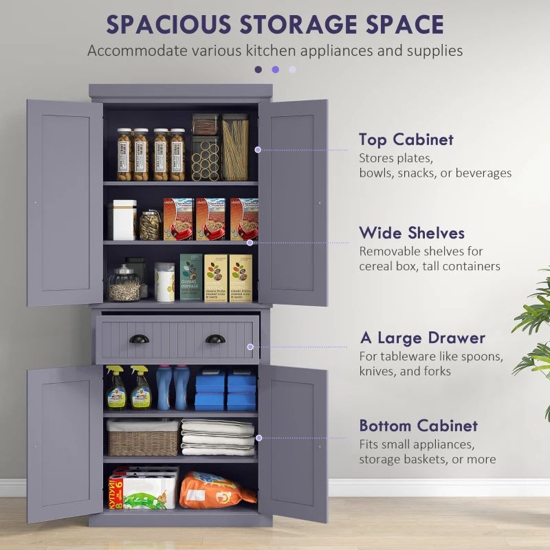 HOMCOM 72" Kitchen Pantry Storage Cabinet, Cupboard w/ 4 Doors and 3 Adjustable Shelves, Large Central Drawer, Navy Blue