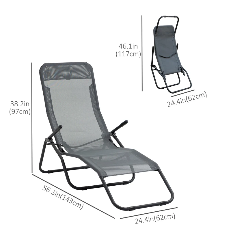 Outsunny Foldable Patio Lounge Chair, Outdoor Beach Lounger with Breathable Mesh Fabric, Zero Gravity Chair with Reclining, Footrests, and Armrests, for Garden, Pool, Grey