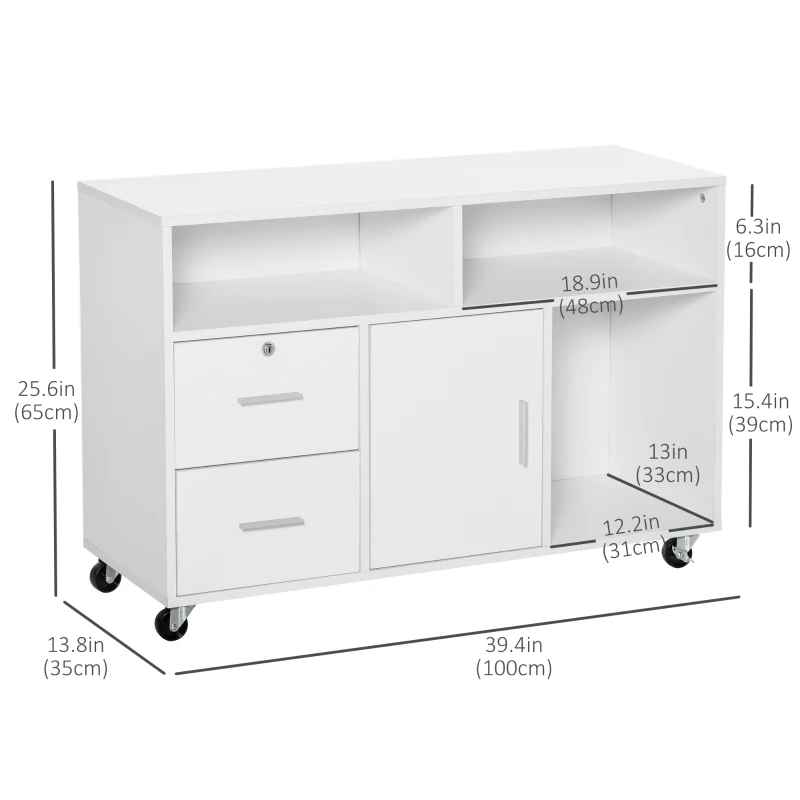 HOMCOM Lateral Filing Cabinet with Open Storage Shelf, Printer Stand Home Office Mobile File Cabinet with Wheels, Lockable Drawer, White