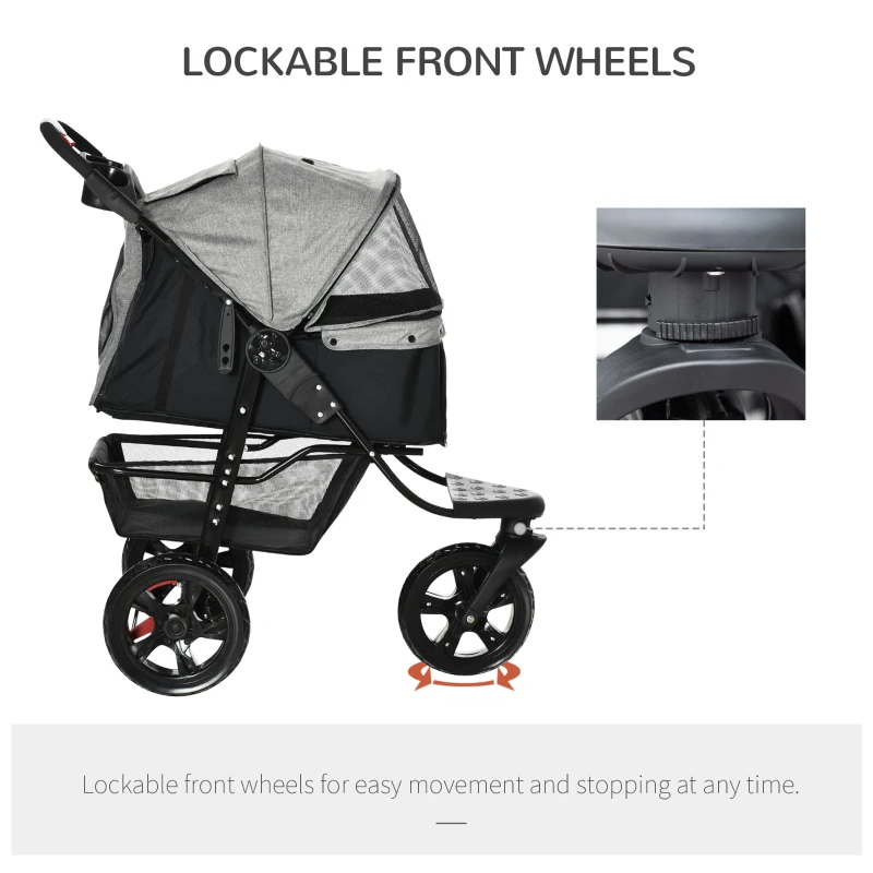 PawHut 3 Wheel Folding Dog Stroller, Travel Carrier with Adjustable Canopy, Storage Brake, Mesh Window for S&M Dogs Grey