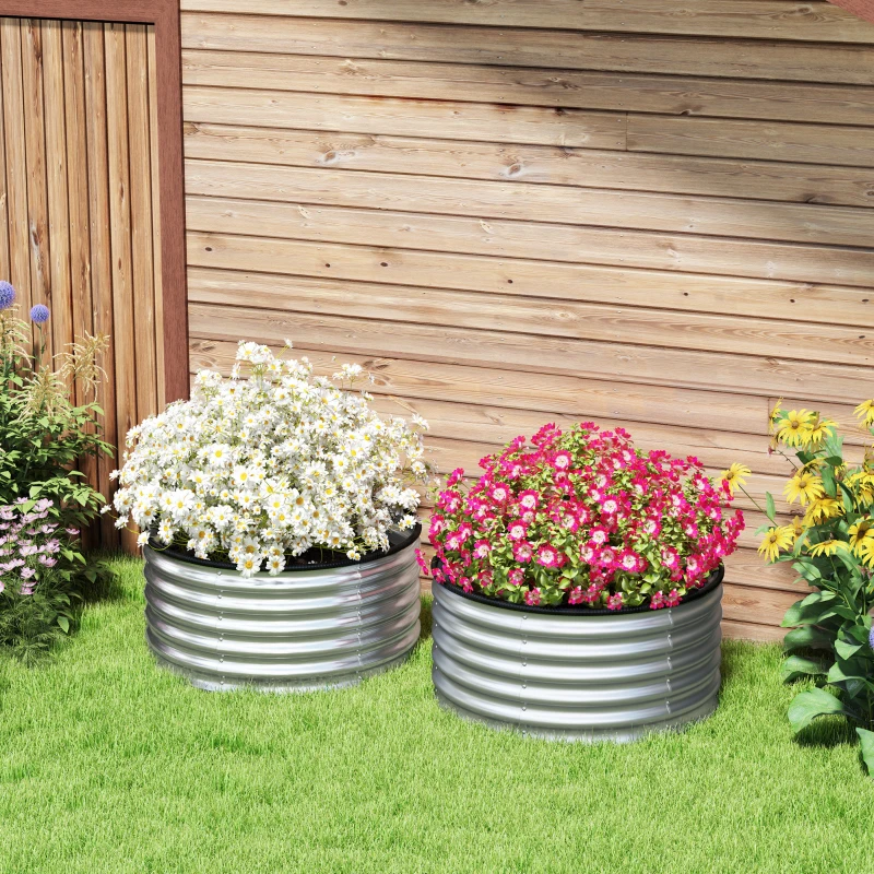 Outsunny Set of 2 Raised Garden Bed, Metal Planter Box with Safety Edging, Easy-to-assemble Stock Tank 3'x3'x1.4' Silver