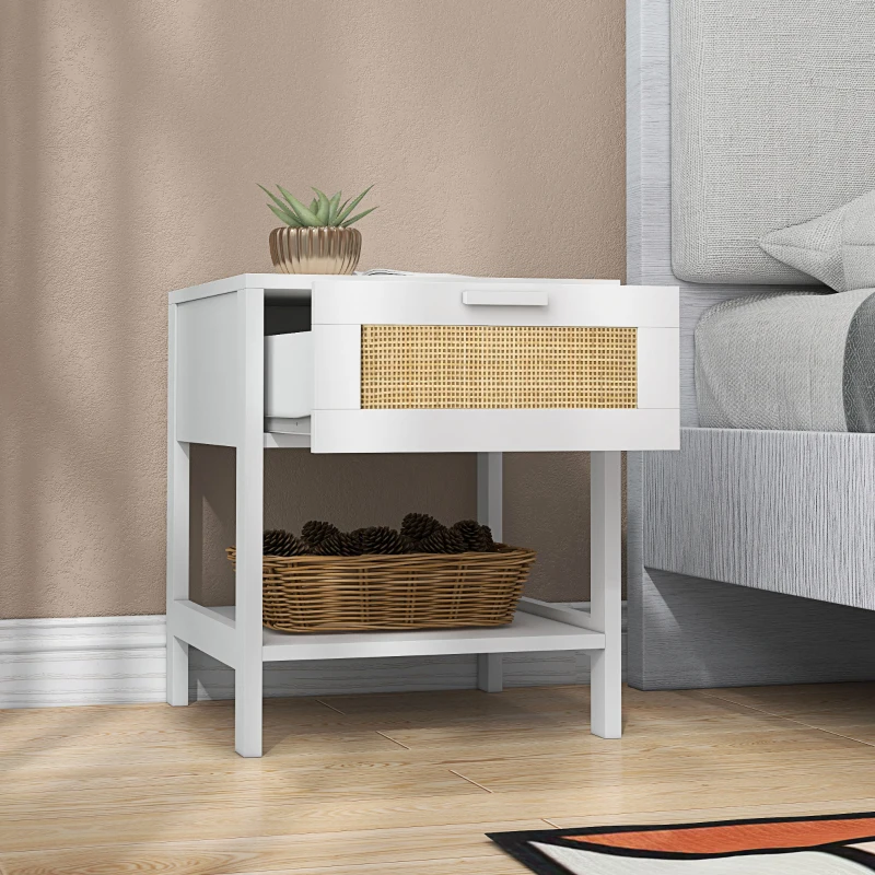 HOMCOM Modern Bedside Table, Accent Nightstand with Drawer and Open Shelf, Bed End Table for Bedroom, Living Room, White
