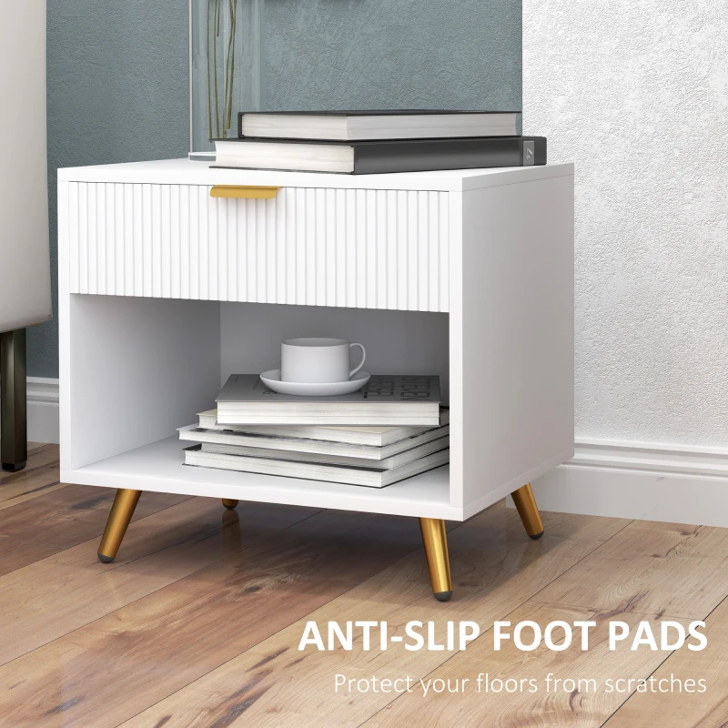 HOMCOM Nightstand with Fluted Panel, Bedside Table with Drawer and Open Compartment, Modern Night Table for Bedroom, White