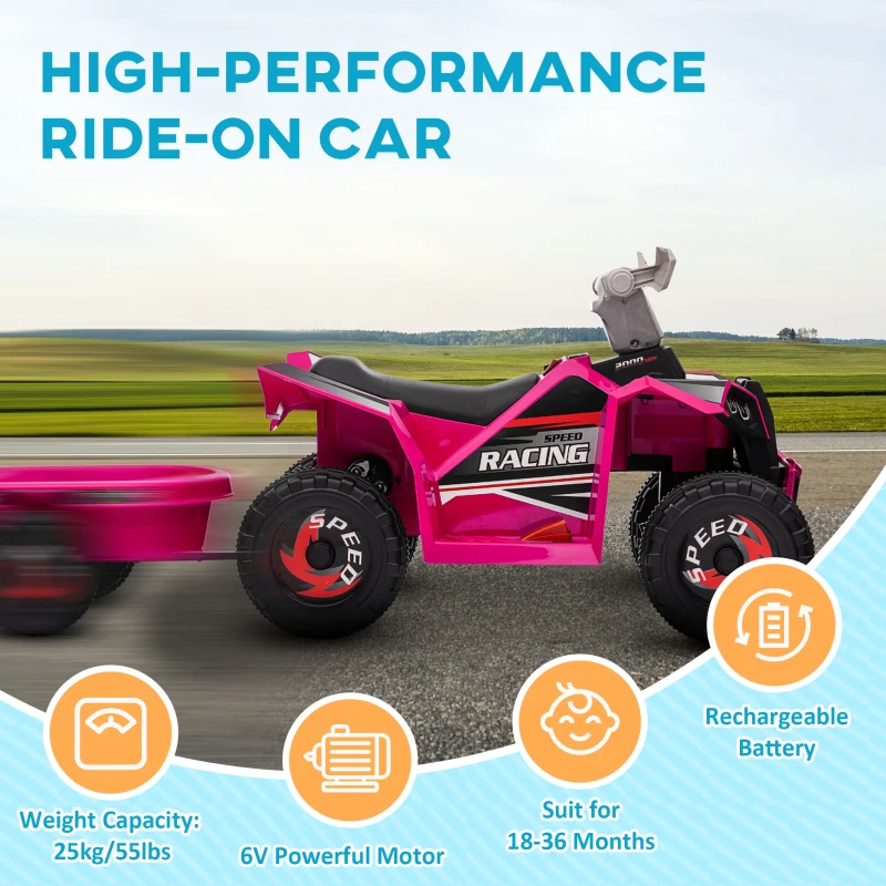 Aosom 6V Electric Toy Car with Back Trailer, Forward Backward, Wear-Resistant Wheels for Ages 18-36 Months, Pink