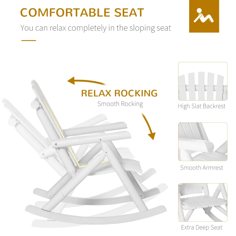 Outsunny Outdoor Wooden Rocking Chair, Single-Person Rustic Adirondack Rocker with Slatted Seat, High Backrest, Armrests for Patio, Garden and Porch, White