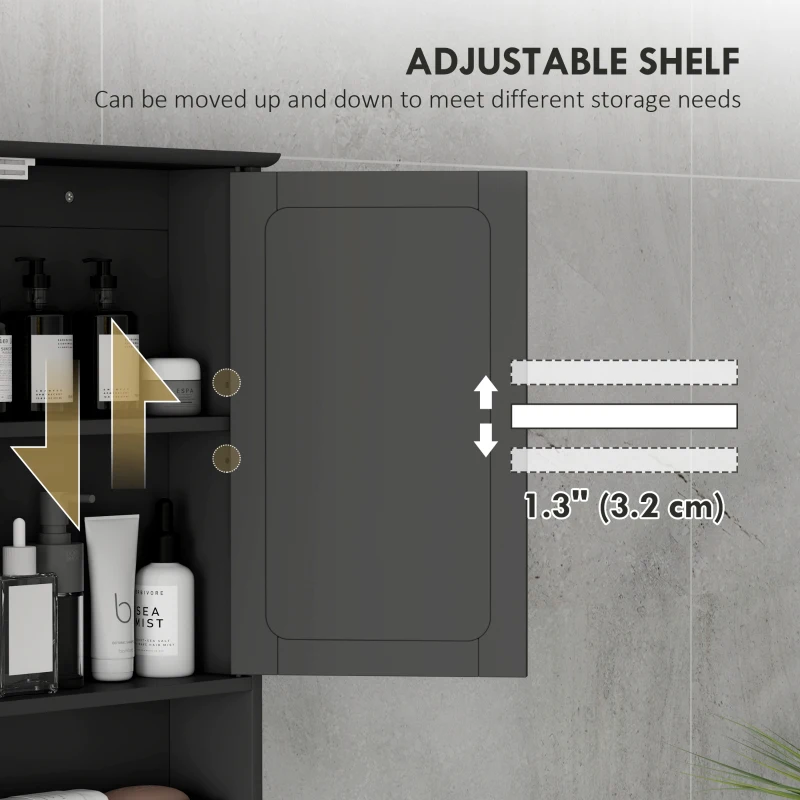 kleankin Medicine Cabinet, Wall-Mounted Bathroom Mirror Cabinet with Double Doors, Open Shelf, and Adjustable Shelf, Modern Bathroom Wall Cabinet, Black