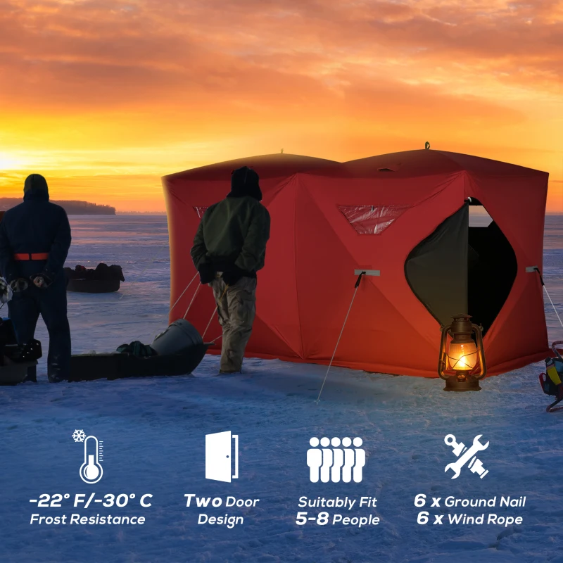 Outsunny 5-8 People Ice Fishing Shelter, Pop-Up Portable Ice Fishing Tent with Carry Bag, Two Doors, Windows and Vents, Ice Shanty for Winter Fishing, Red