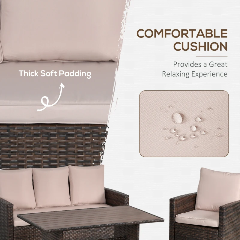 Outsunny Patio Dining Set, PE Rattan Furniture w/ 2 Chairs, Cushions & 3-Seat Sofa, Woodgrain Slatted Dinner Table, Beige