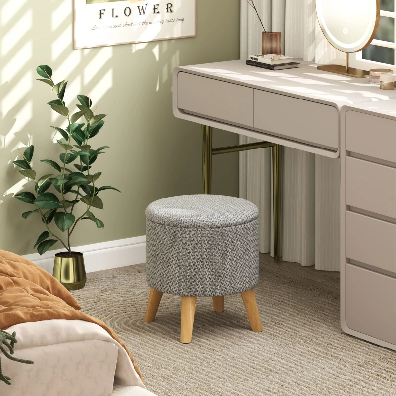 HOMCOM Round Ottoman Stool with Storage, Linen Upholstered Foot Stool with Padded Seat, Hidden Space and Wood Legs, Light Gray