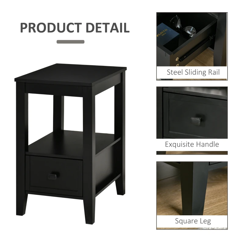 HOMCOM Side Table, Modern Coffee End Table with Drawer and Shelf,  Nightstand for Bedroom, Living Room, Black