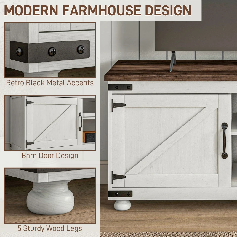 HOMCOM Farmhouse TV Stand Small Minimalist Barn Doors Cable Management for 65" TV Small Space Apartment Distressed White