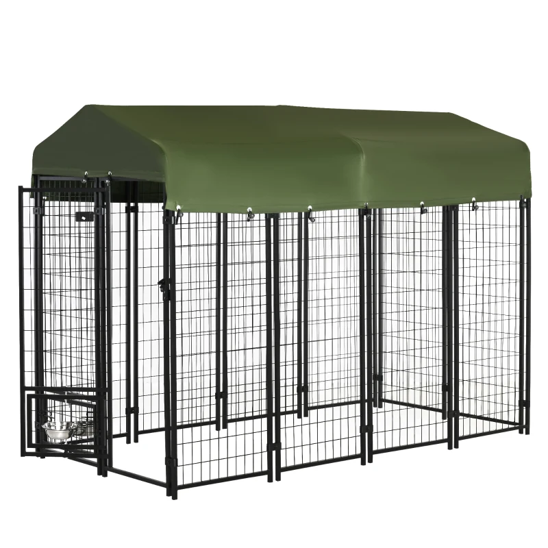 PawHut Outdoor Dog Kennel, Lockable Pet Playpen Crate, Welded Wire Steel Fence, Rotating Bowl Holders, Green