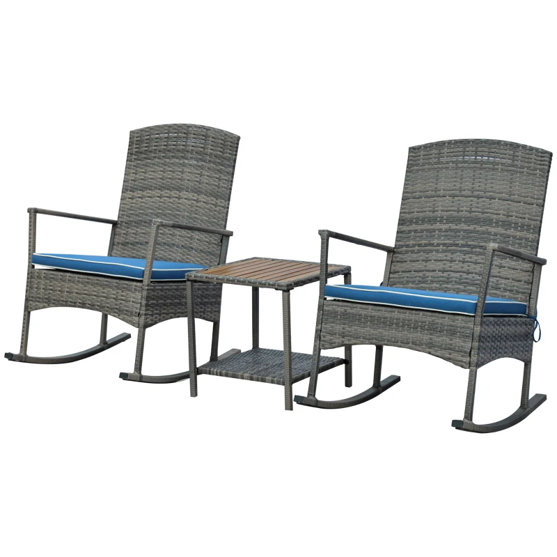 Outsunny 3 Piece Patio Rocking Chair Set, 2 PE Wicker Rocking Chairs, Cushioned, 1 Two-Tier Wood Slat Coffee Table, Rattan Front Porch Furniture, Blue