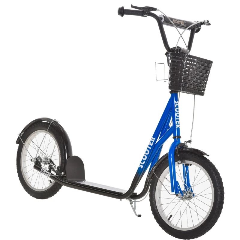Aosom Kick Scooter with Adjustable Handlebar, Kids Scooter with 2 Brakes Basket Cupholder 16" Inflatable Rubber Tyres Blue