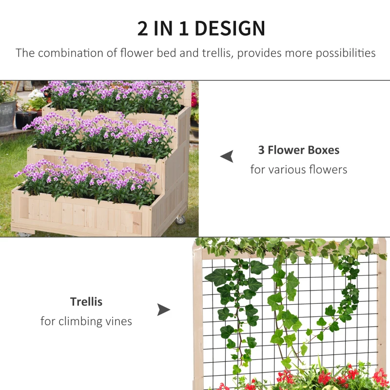 Outsunny 3-Tiers Raised Garden Bed with Trellis, 53" H Vertical Planter Box with Wheels & Back Storage Area, for Flowers, Vegetables, Herbs, Natural(m-4)