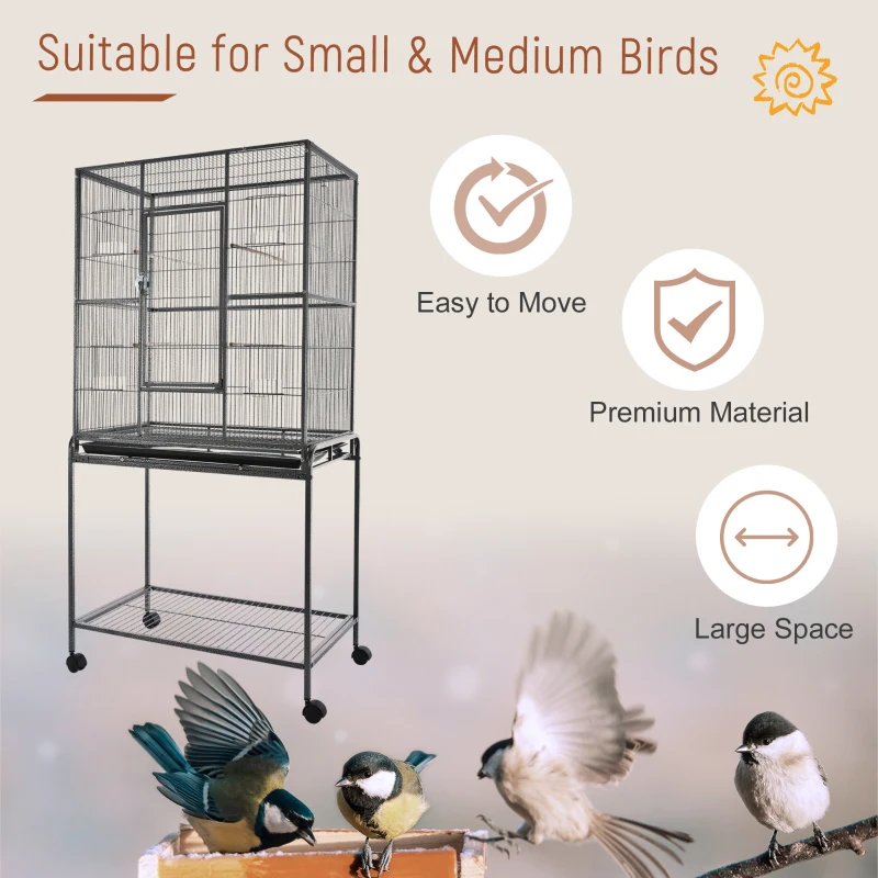 PawHut 30" Rolling Metal Bird Cage Feeder with Detachable Rolling Stand, Storage Shelf, Wood Perch & Food Container