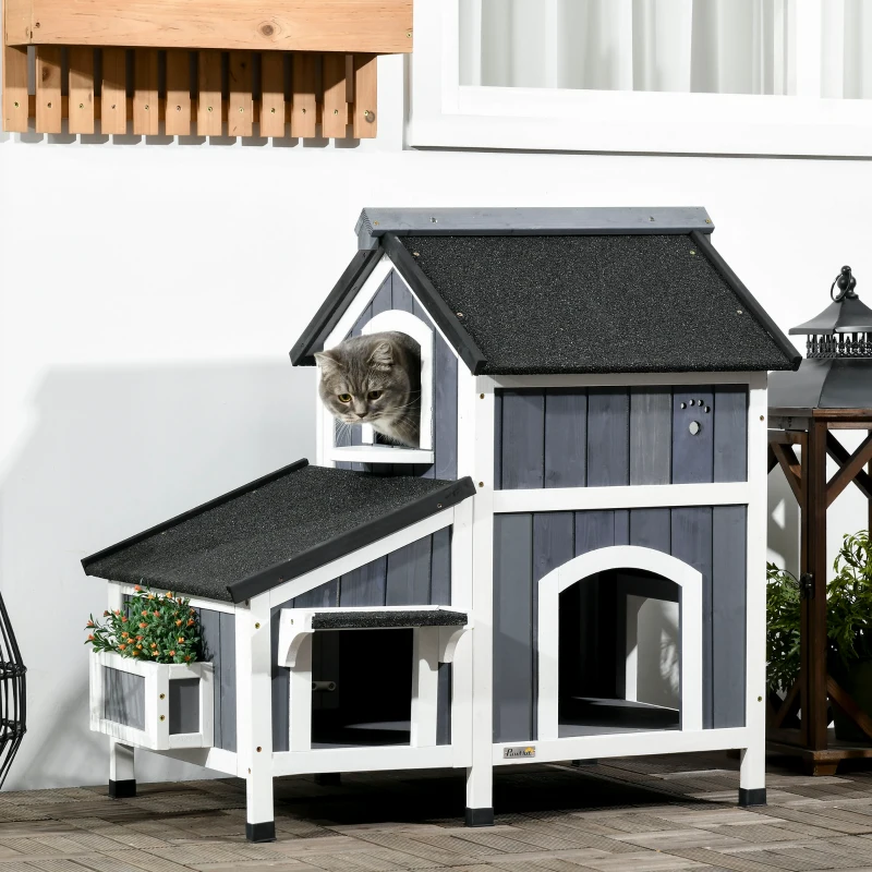 PawHut Outdoor Cat House with Weather-resistant Roof & Garden Bed, Outdoor Cat Shelter Enclosure with Multiple Entrances, Modern Cat Furniture Hideout, Cat Gifts, Gray