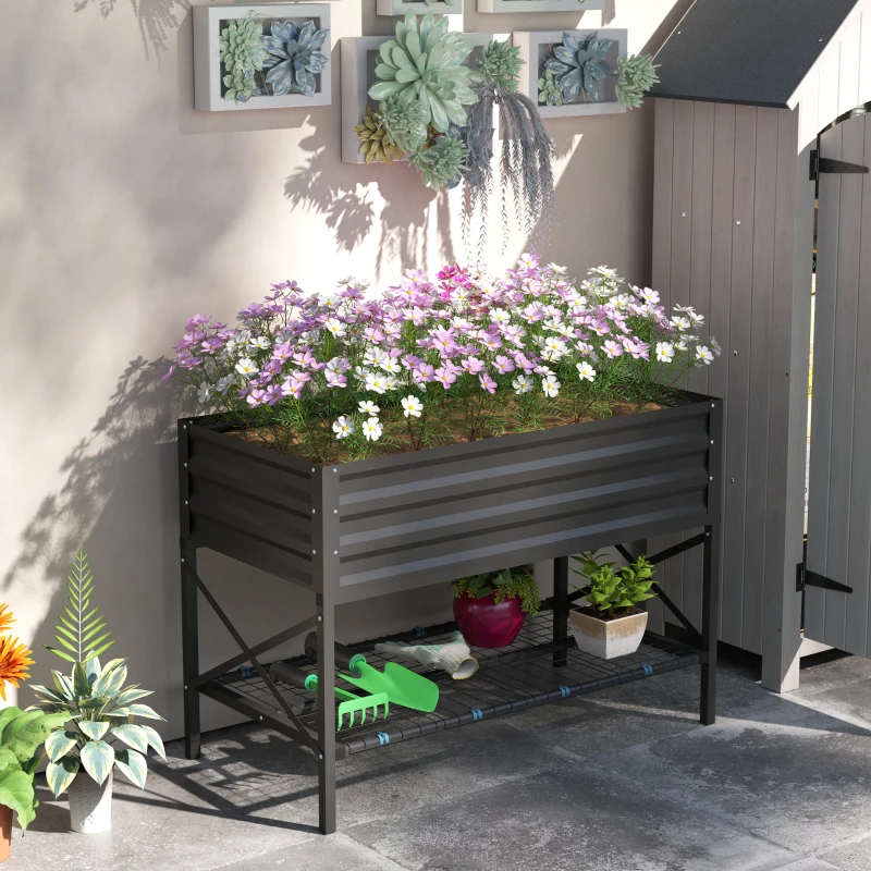 Outsunny Galvanized Raised Garden Bed, Metal Planter Box with Legs, Storage Shelf and Bed Liner, Dark Gray