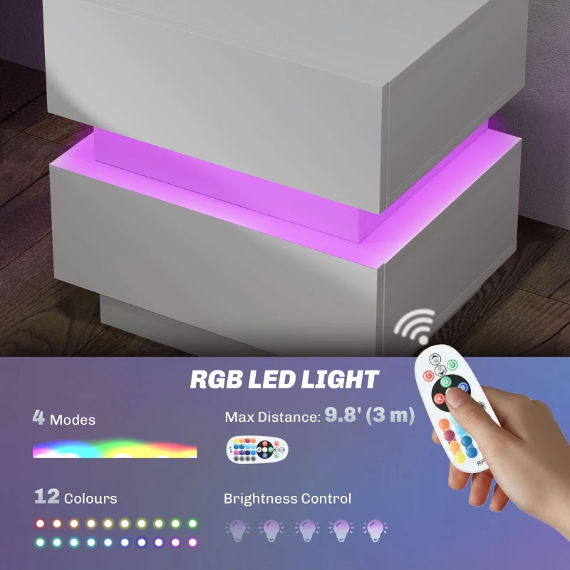 HOMCOM Bedside Table with Charging Station and LED Light Modern Nightstand with USB Ports AC Outlets Drawers Remote, White