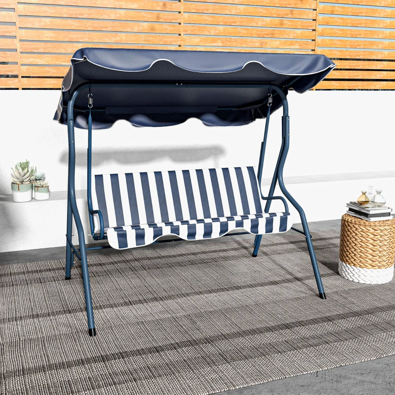 Outsunny Outdoor Porch Swing with Adjustable Canopy, 3-Seater Patio Swing Chair with Cushion, Blue
