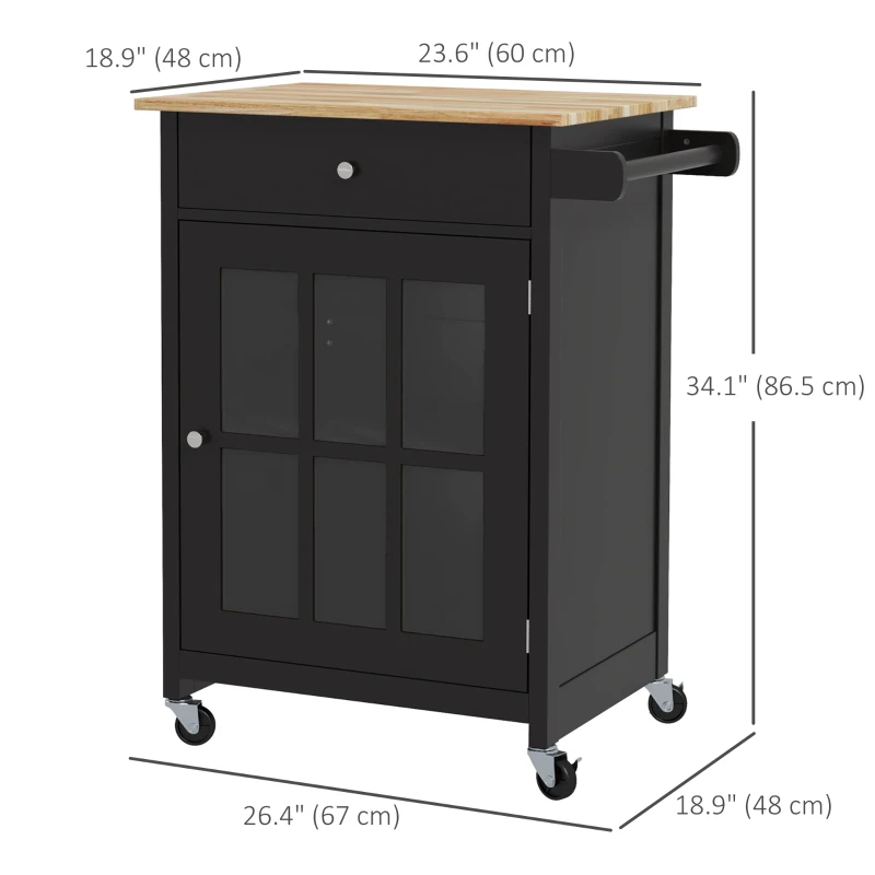 HOMCOM Rolling Kitchen Cart with Drawer and Glass Door Cabinet, Kitchen Island on Wheels with Towel Rack, Black