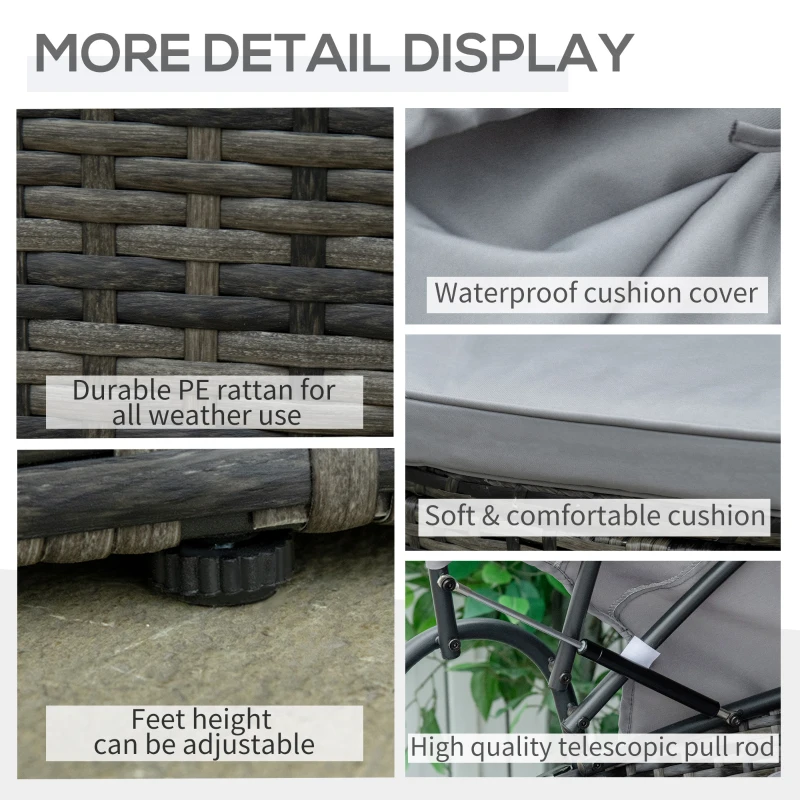 Outsunny 2 Pcs Rattan Outdoor Daybed with Retractable Canopy, Wicker Round Patio Daybed Set with Cushions & Pillows, Mixed Grey