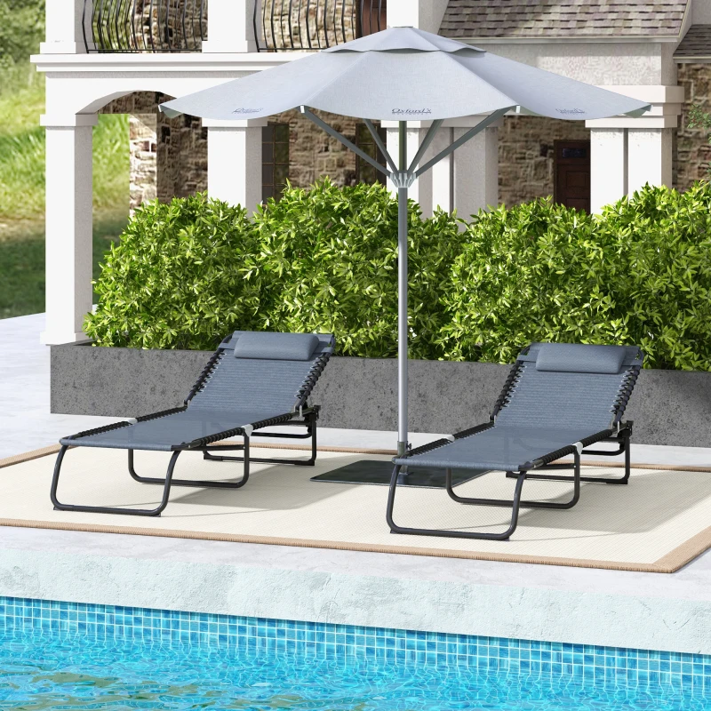 Outsunny 2 PCs Folding Lounge Chairs, Adjustable Chaise Lounges with Headrest, Reclining Lounger Cot for Camping, Hiking, Grey